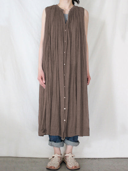 Loose Sleeveless Pleated See-through Round-neck Midi Dresses