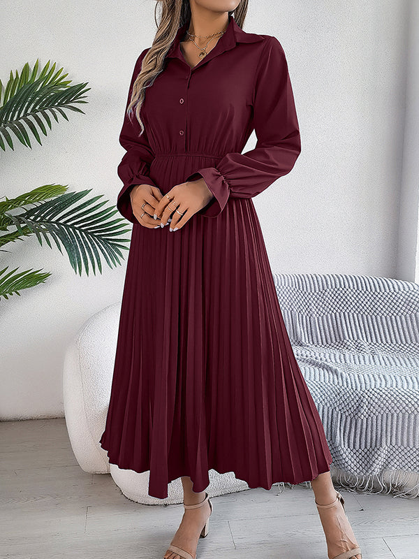 A-line Flared Sleeves Buttoned Elasticity Pleated Color Lapel Maxi Dresses
