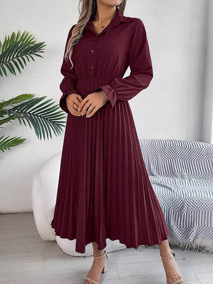 A-line Flared Sleeves Buttoned Elasticity Pleated Color Lapel Maxi Dresses