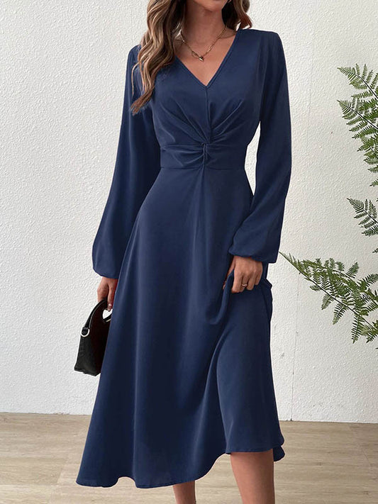 A-line High Waisted Pleated Color Zipper V-neck Midi Dresses