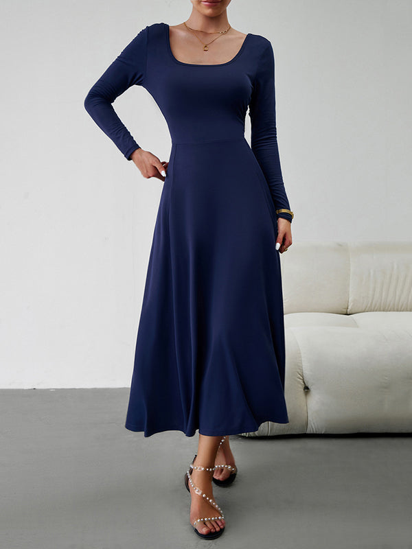 A-line High Waisted Color Tied Waist U-neck Midi Dresses