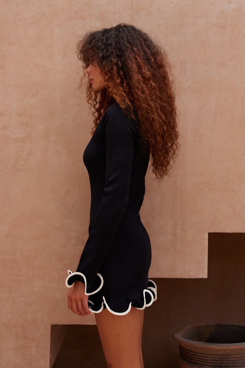 Fitted Ruffled Wave Edge Long Sleeve Mini Dress