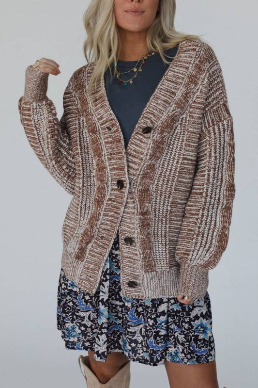V-neck Long-sleeved Striped Button-down Knitted Cardigan