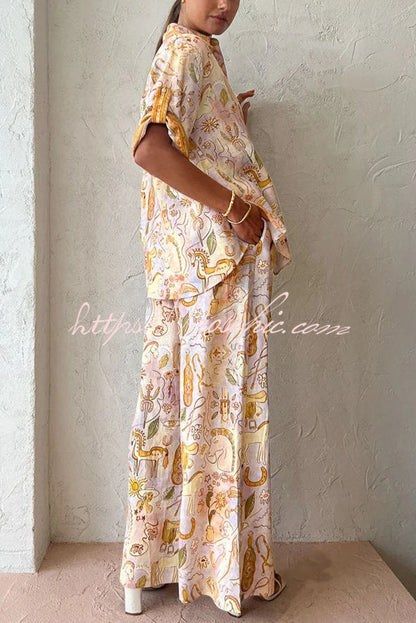 Sunshine Loving Linen Blend Mythological Pattern Button Down Oversized Blouse