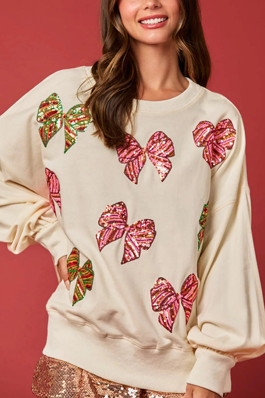 Christmas Bow Sequin Loose Long Sleeve Sweatshirt