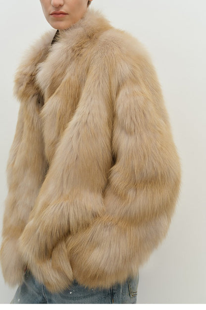 Minimalist Mid-length Faux Fur Stand Collar Coat