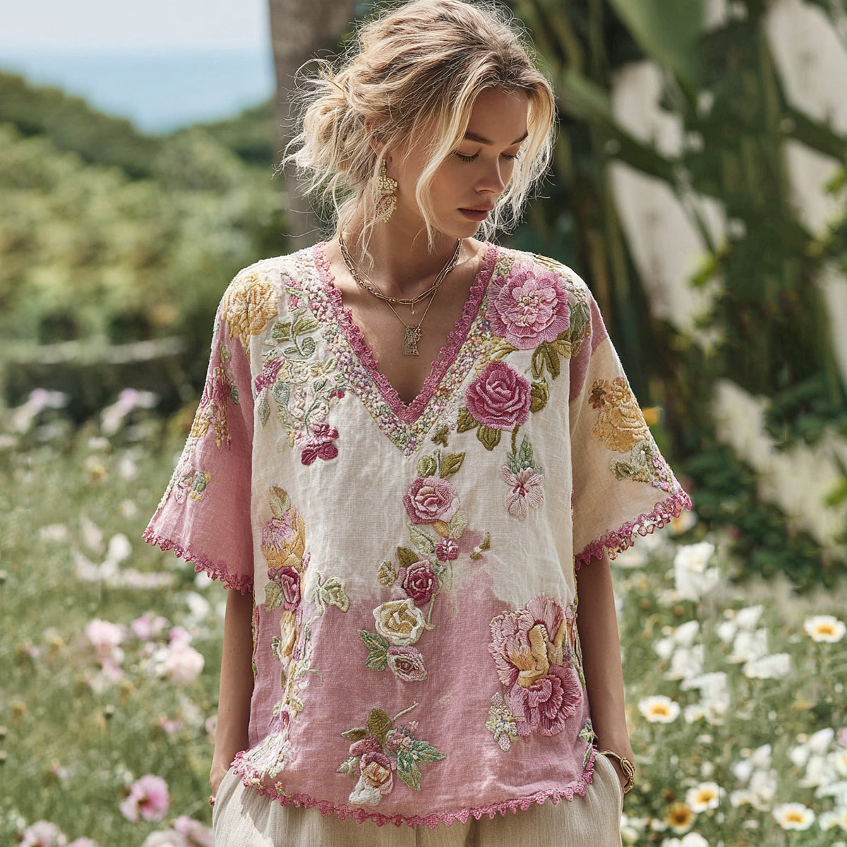 Women's Patchwork Rose Embroidered Linen T-shirt elevenforest
