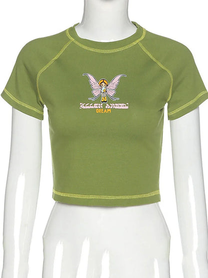 Butterfly Graphic and Letter Printing Stitch Green Crop Tops O-neck Short Sleeve T-shirts Clothes Shirt Bf Clothing Tee