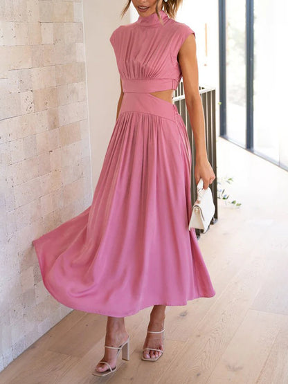 Cap Sleeve Belly-hollow Pleated Color Stand Collar Maxi Dresses