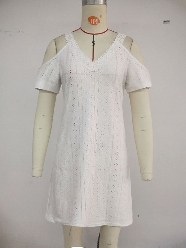 A-line High Waisted Hollow Color Split-joint Cold Shoulder Mini Dresses