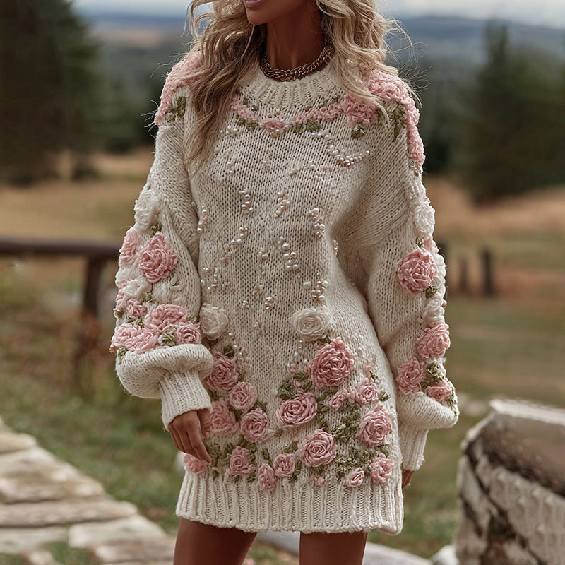 Women's Rose Art Cozy Knit Mini Sweater Dress elevenforest