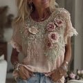 Women's Retro Bohemian Floral Linen Short-sleeved T-shirt elevenforest