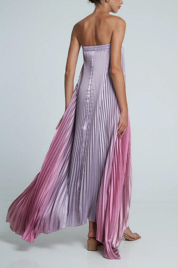 Styling Satin Pleated Elastic Bust Strapless A-line Gown Maxi Dress