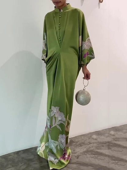 Batwing Sleeves Loose Printed Muslim Pleated Stand Collar Maxi Dresses