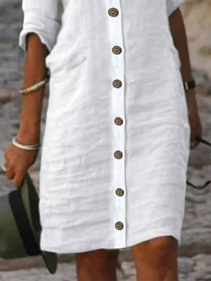 Half Sleeves Loose Buttoned Color Stand Collar Mini Dresses