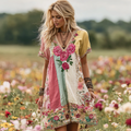 Women's Vintage Rose Floral Patch Linen Short Dress elevenforest