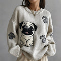 Lovely Cute Pug And Paws Embroidery Art Loose Cozy Knit Sweater artswardrobe