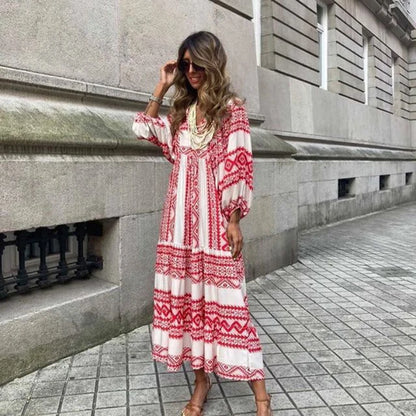 Puff Sleeve Maxi Dress Print V-neck Loose Holiday Beach Party Vestidos