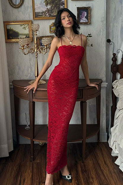 Red Lace Strapless Cami Bodycon Maxi Dress