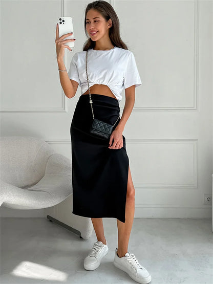 Pink Summer Long Skirt for Y2k Outfits Side Split Pleated High Waist Skirt Maxi Skirt