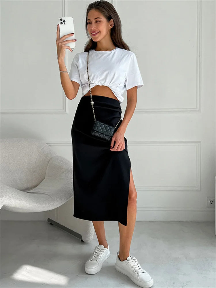 Pink Summer Long Skirt for Y2k Outfits Side Split Pleated High Waist Skirt Maxi Skirt