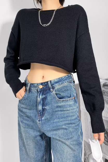 Round Neck Color Loose Long Sleeve Super Short Knitted Sweater