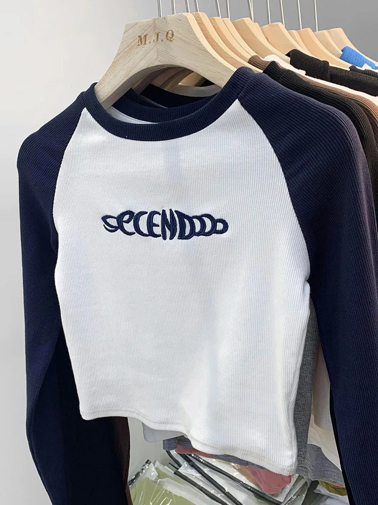 Letter Print T-shirt Spring Long Sleeve Patchwork Tops Retro Contrast Color Crop Top Hot Girl Kpop Skinny Y2k Tees