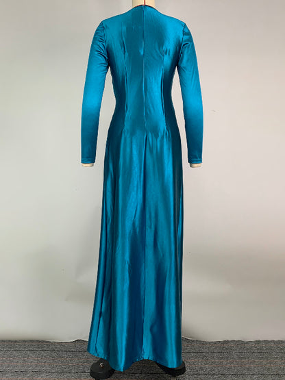 Color Bodycon Long Sleeves Pleated Split-front Tied Waist Deep V-neck Maxi Dresses