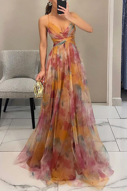 ' Summer Princess Chiffon Printed Hollow Waist and Back Lace Up Long Dress