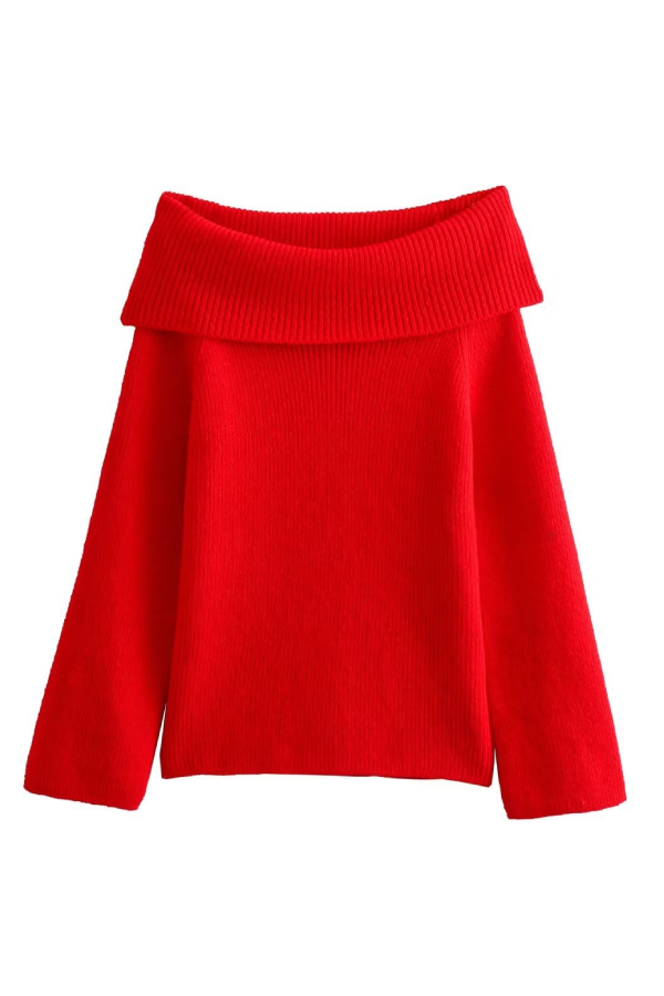 Slim Fit Color Pullover Sweater With Off-shoulder Neckline