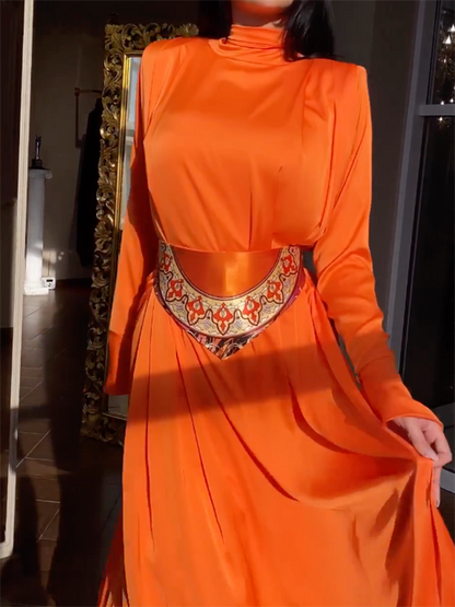 Flared Sleeves Long Sleeves Color High-neck Maxi Dresses