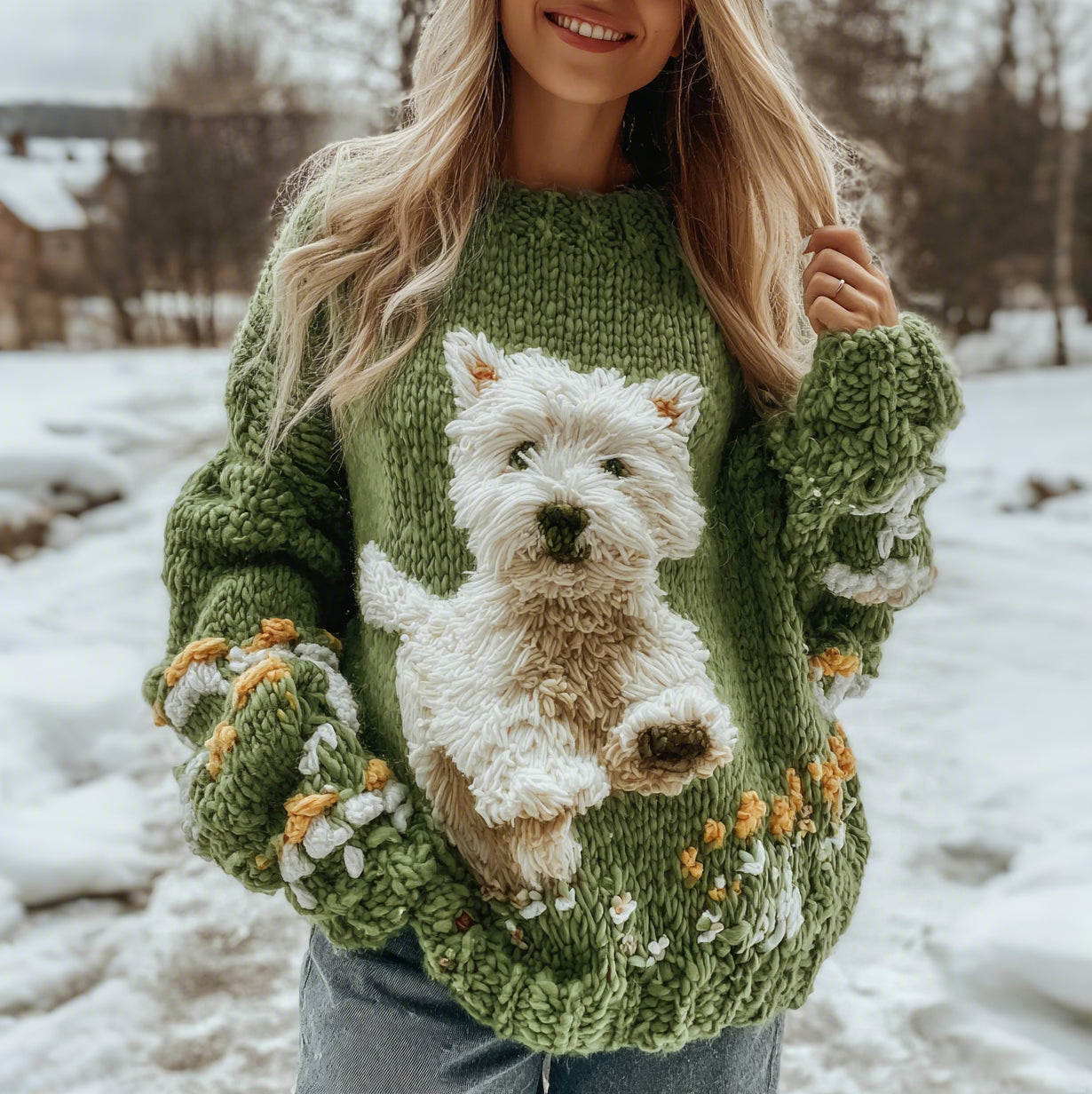Comstylish Vintage Lovely Fuzzy Dog West Highland Running On The Grass Cozy Knit Sweater