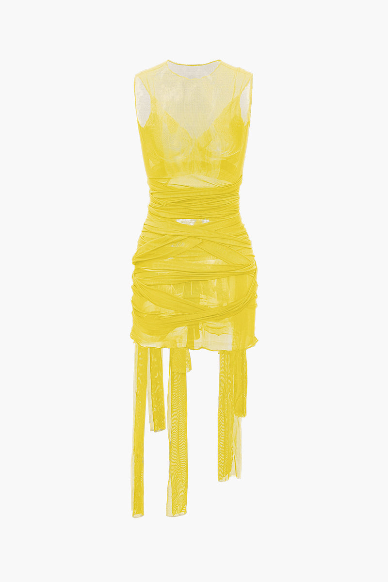 Color Sheer Mesh Wrap Tie Ribbon Mini Dress