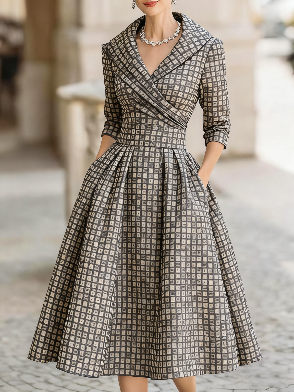 Women's retro cold jacquard print medium and long dress