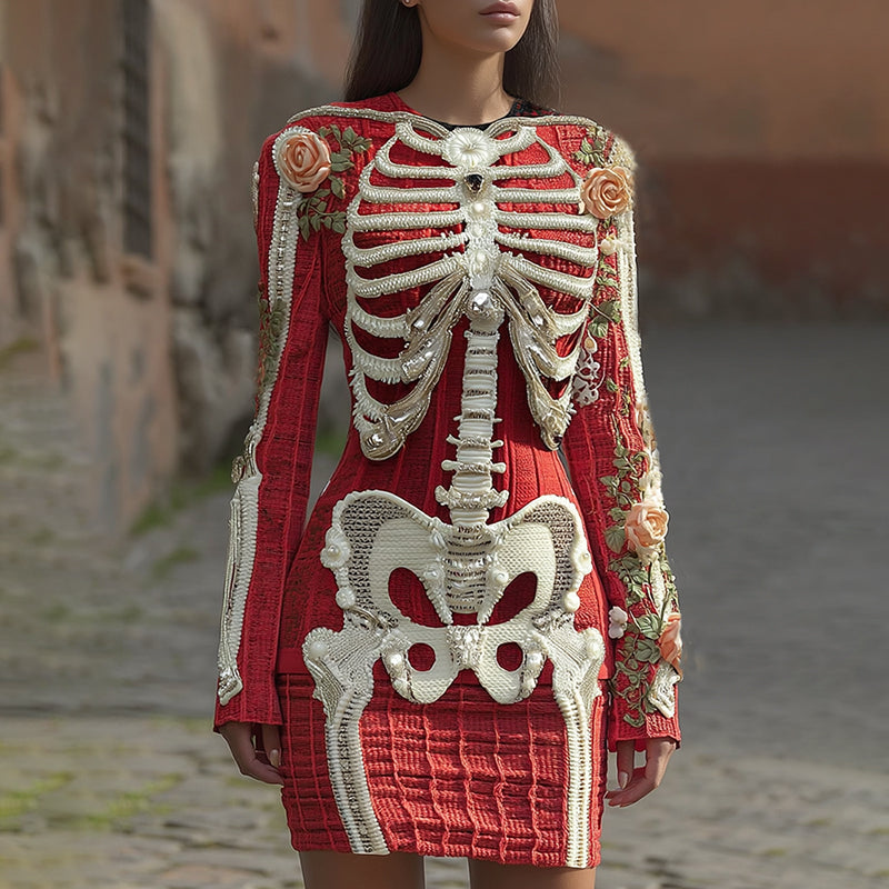 Comstylish Women's Vintage Halloween Skeleton Bones With Rose Art Cozy Knit Mini Sweater Dress