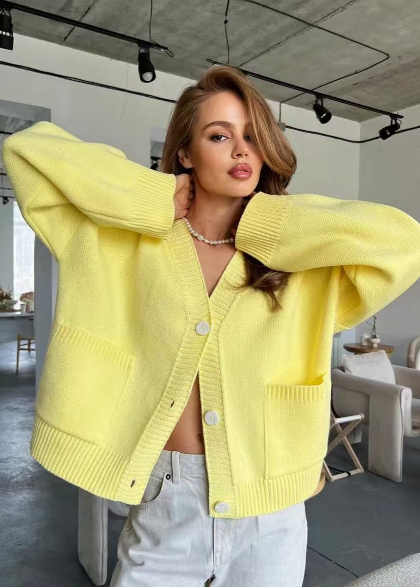 Bright Yellow Oversized Cardigan - ’s V-neck Knit Sweater