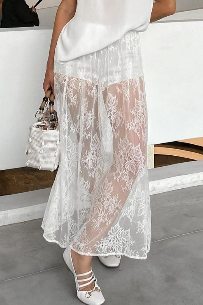 Sheer Brocade Lace White Jacquard Maxi Skirt