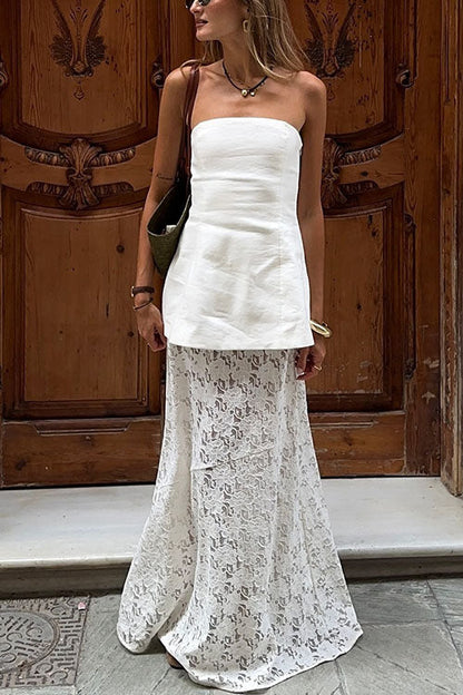 Moxidress Elastic Waistband Lace Hollow Out Maxi Skirt