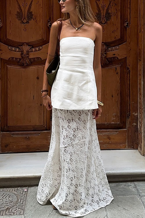Moxidress Elastic Waistband Lace Hollow Out Maxi Skirt