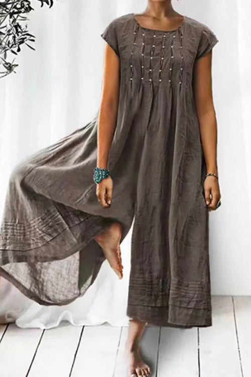 Ruched Short Sleeve Wide Leg Baggy Jumpsuit