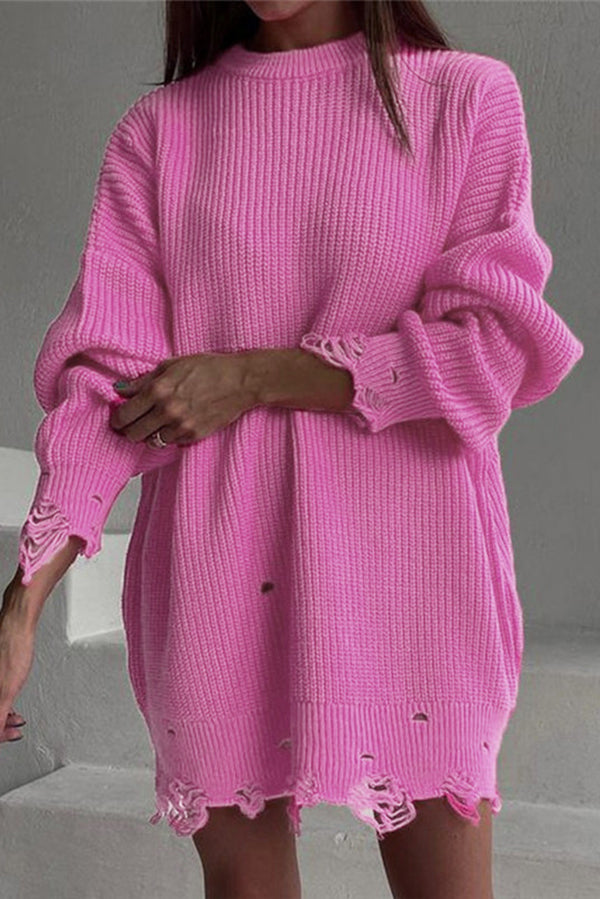 Color Loose Ripped Knitted Mid-length Sweater