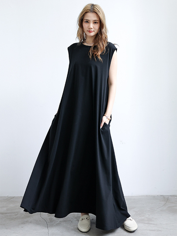 Simple Loose Sleeveless Color Round-neck Maxi Dresses