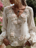 Bohemian Style Three-dimensional Flower Pattern Women's V-neck Long-sleeve Cotton And Linen Shirt elevenforest