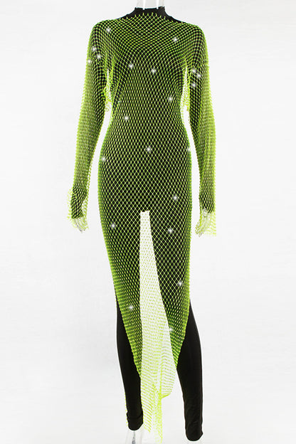 Best Layering Items Mesh Wide Neck Long Sleeve Slit Cover-up Maxi Dress