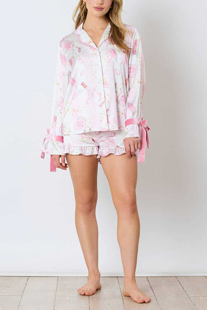 Christmas Printed Bow Tie Top and Elastic Waist Ruffle Shorts Set