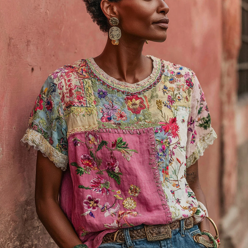 Women's Vintage Bohemian Floral Embroidery Patchwork Art Short Sleeve Linen Blend T-shirt elevenforest