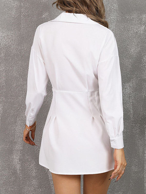 A-line High Waisted Buttoned No Belt Pleated Pockets Color Notched Collar Mini Dresses Shirt Dress