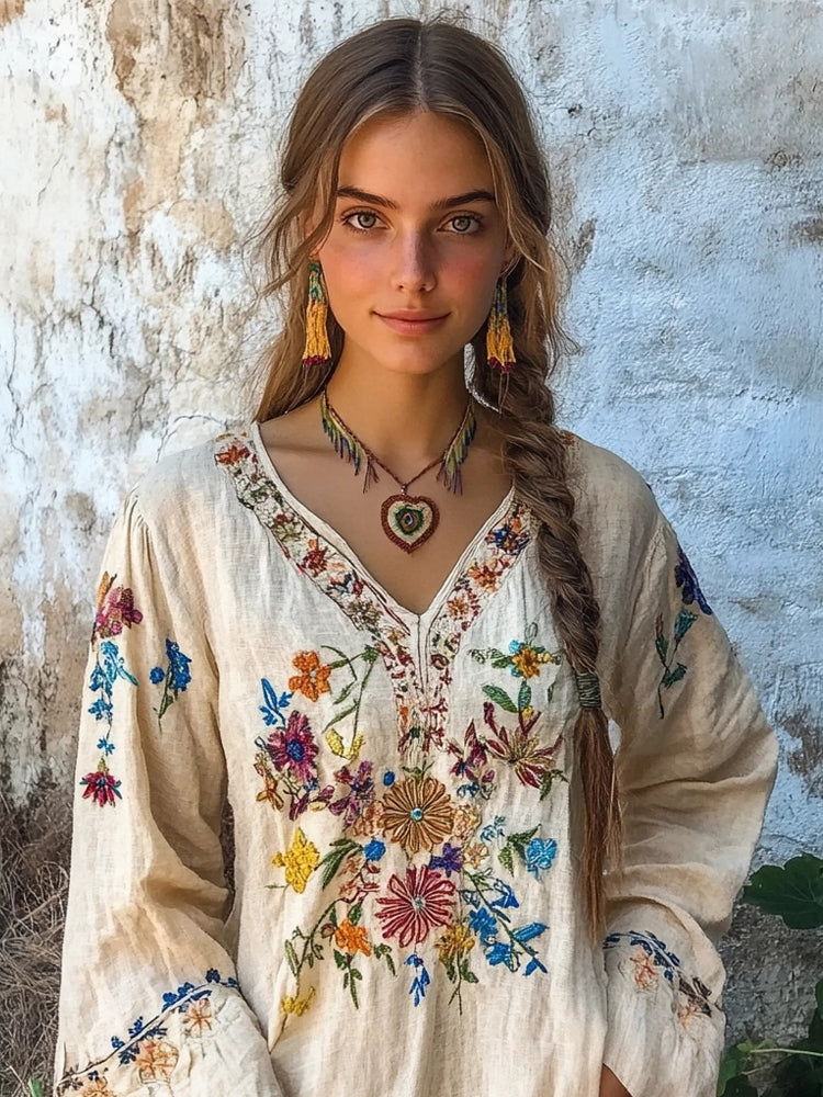 Retro Bohemian Floral Embroidered Linen Blend Comfy Shirt elevenforest