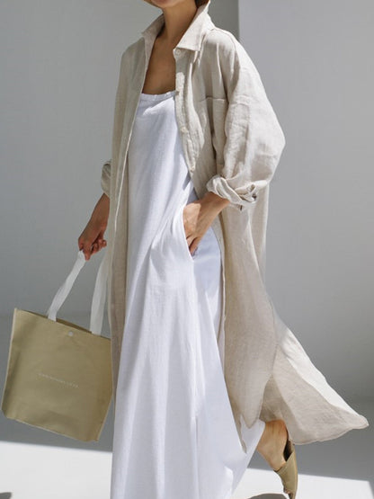 Simple Long Sleeves Split-side Color Lapel Midi Dresses Shirt Dress