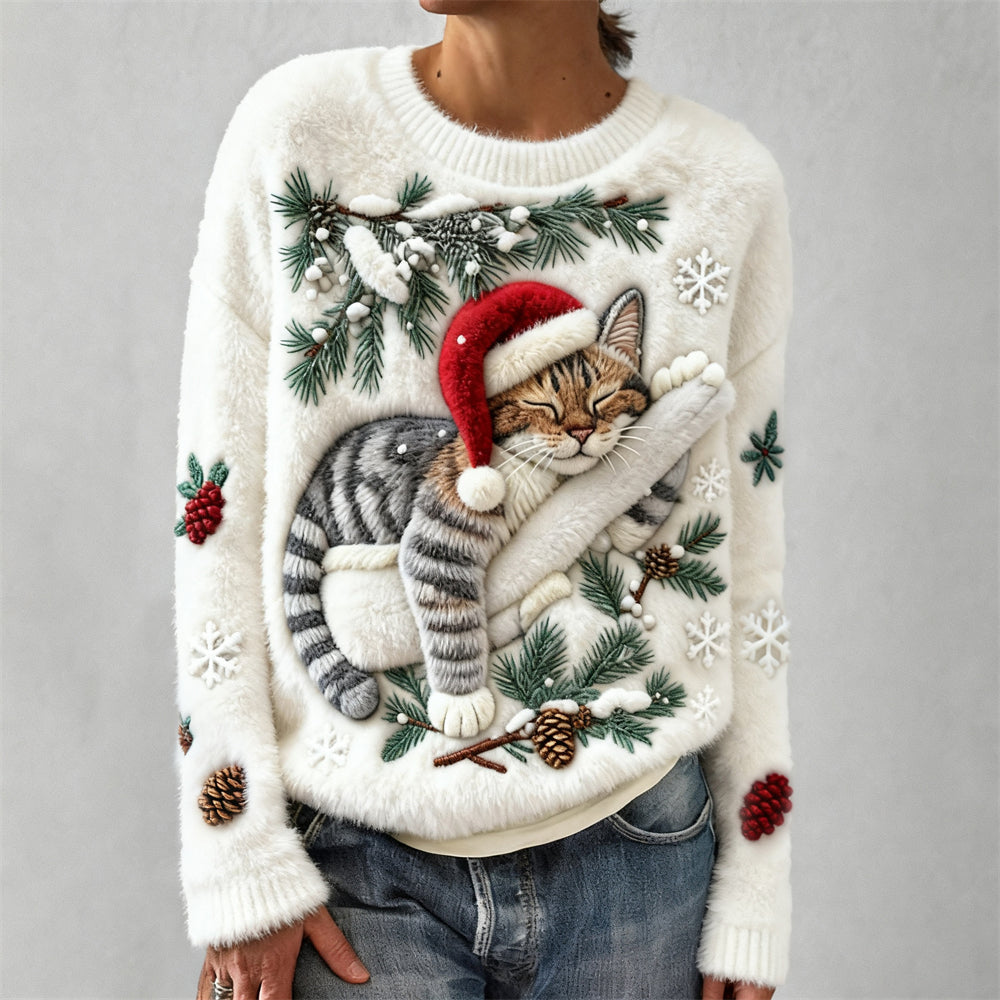Christmas Lazy Cat Women's Cozy Plush Sweater elevenforest